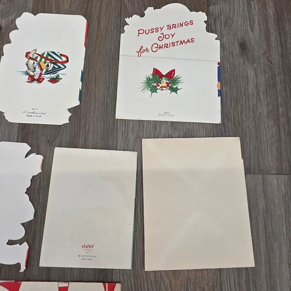 Vintage 1950s Christmas Card Lot Die Cut Kittens Puppies Teddy Bear MCM Norcross